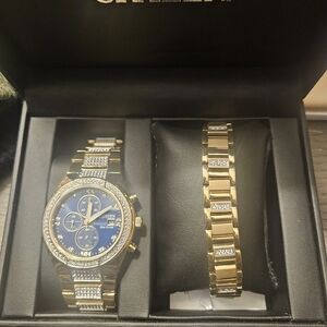 Citizen Gold-Tone Chronograph Watch with Blue Dial and Crystal Accents